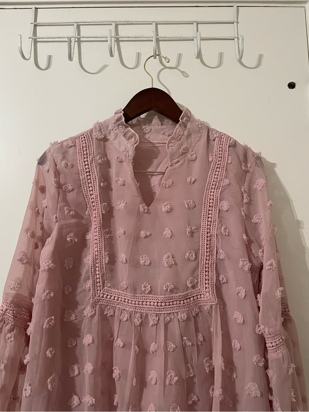 SHEIN Pink Swiss Dot Crochet Lace Boho Blouse - Size Medium - Picture 6 of 7